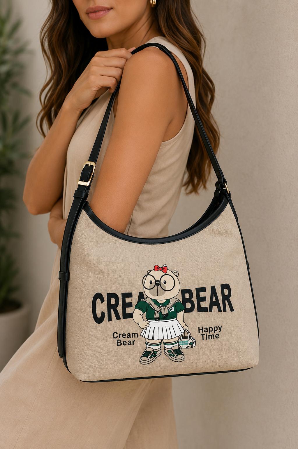 Bolso beige con diseño ilustrado “Cream Bear”