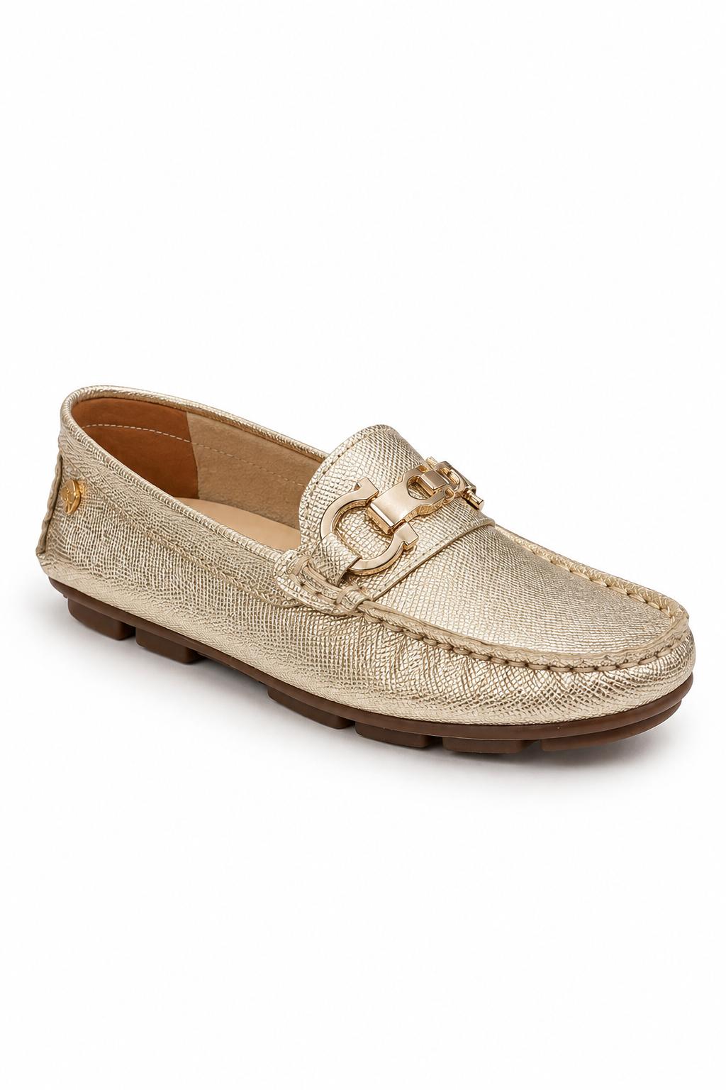 Mocasín Dorado Metalizado con Herraje para Mujer