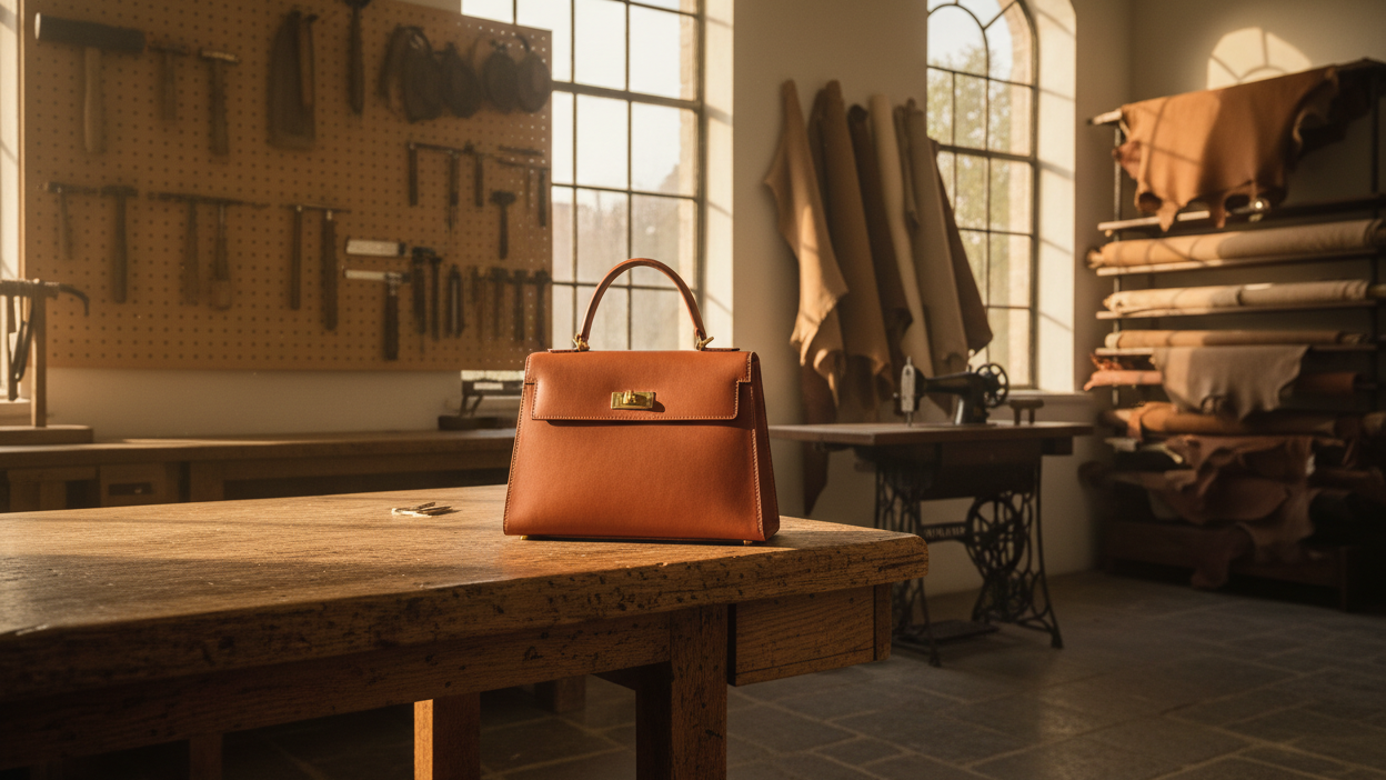 A wide-angle, cinematic editorial photograph of a high-end leather artisan's atelier. In the foreground, a beautifully crafted, structured mahogany leather handbag rests on a rustic oak table. In the background, softly blurred, are vintage brass leather-working tools, rolls of premium tanned hides, and an old manual sewing machine. The lighting is warm and atmospheric, like golden hour sunlight filtering through an old window, highlighting the natural grain and texture of the leather. High-end luxury brand