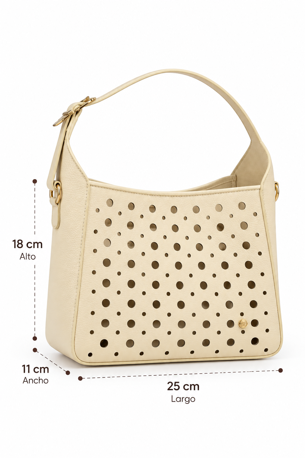 bolso en cuero amarillo nata con perforaciones circulares