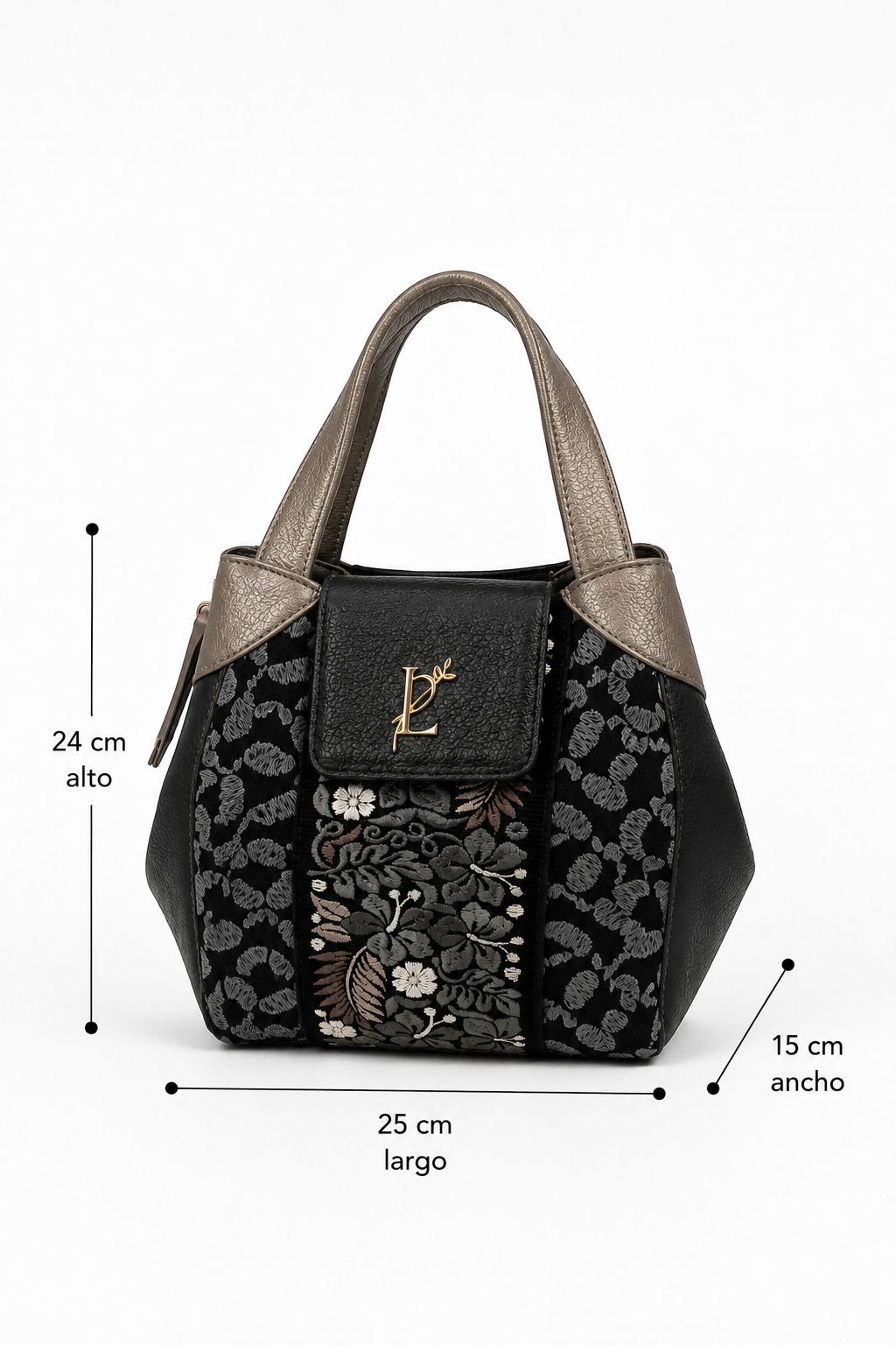 Bolso de mano en cuero negro y gris para mujer vista frontal