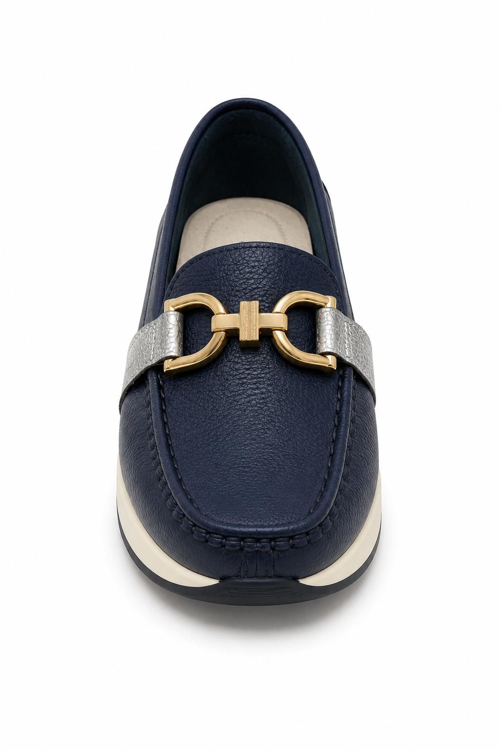 Mocasín Casual para Mujer en Cuero Azul con Herraje Dorado