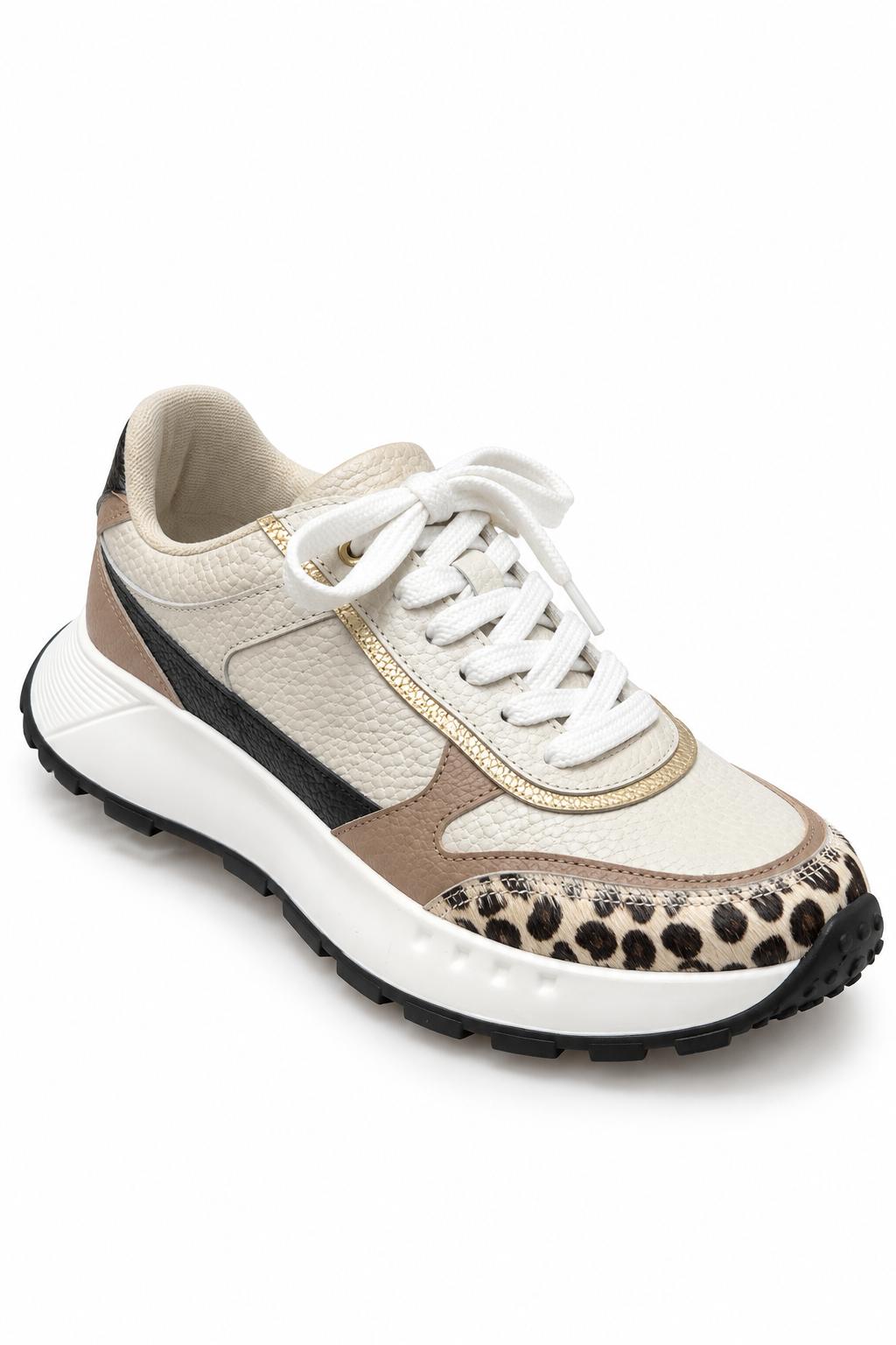 tenis en cuero beige con animal print para mujer