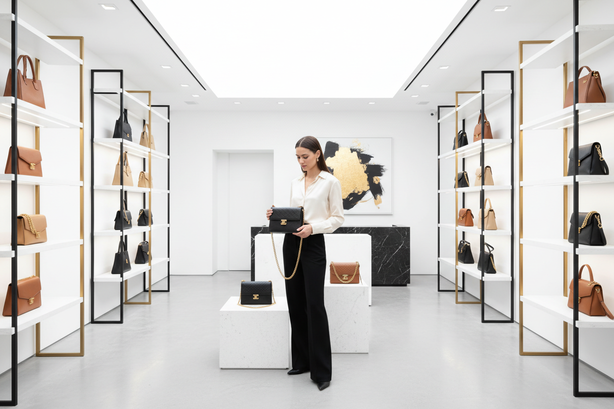 Una fotografía fotorrealista de interior de una boutique de lujo moderna y minimalista especializada en bolsos de cuero. La tienda es luminosa, con estanterías blancas y detalles en metal dorado o negro mate. Se exhiben bolsos de cuero de alta gama (negros, marrones, beige) organizados con elegancia. Una mujer sofisticada mirando un bolso de hombro. La iluminación es limpia, blanca y difusa (estilo estudio). La atmósfera transmite modernidad, exclusividad y curaduría experta. Estilo visual: editorial de mod