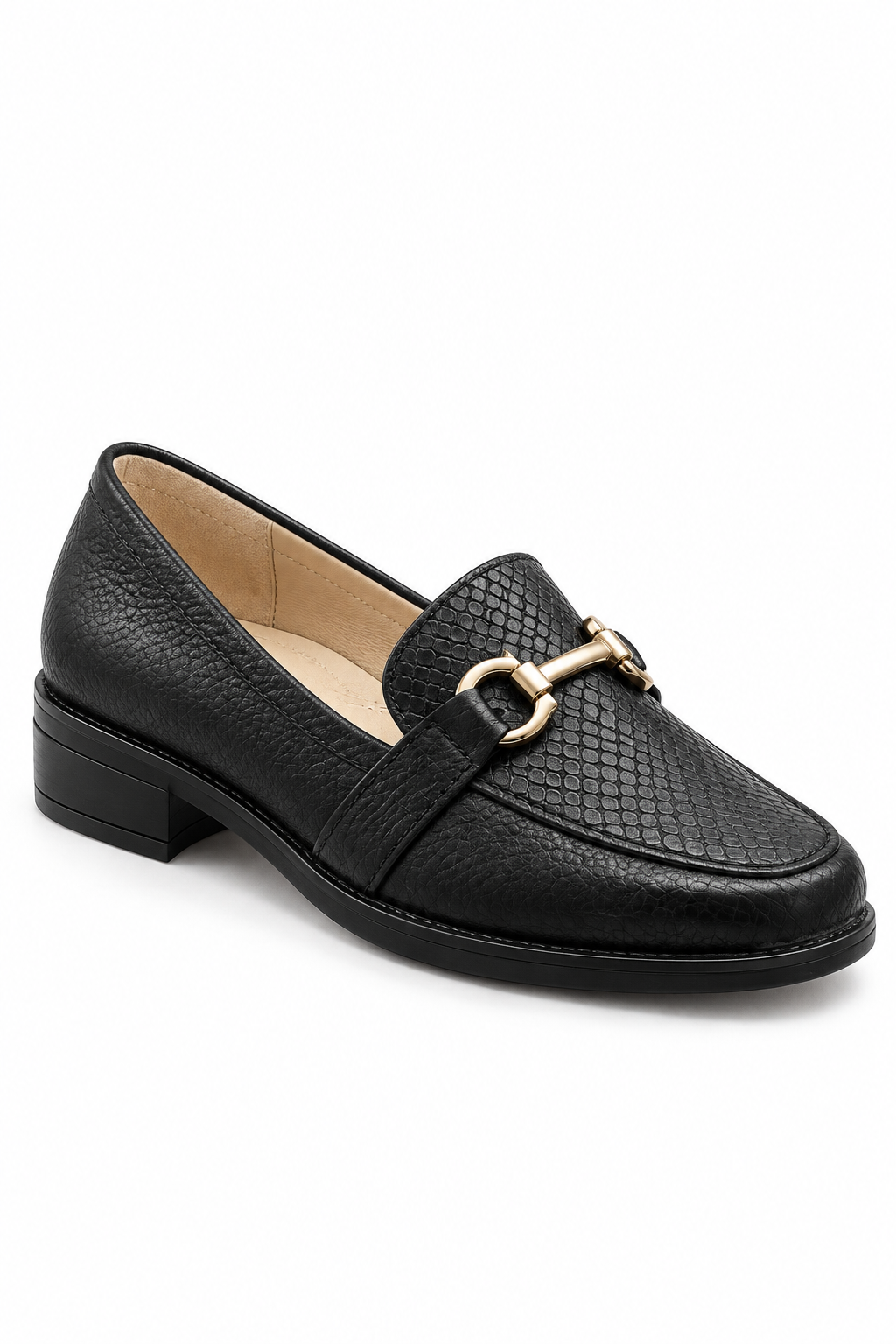 Mocasín Clásico en Negro con Textura Tipo Reptil para Mujer