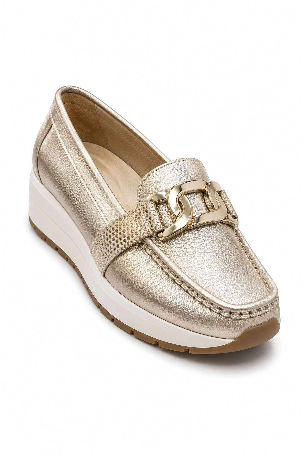 Mocasín de Plataforma con Acabado Champagne para Mujer
