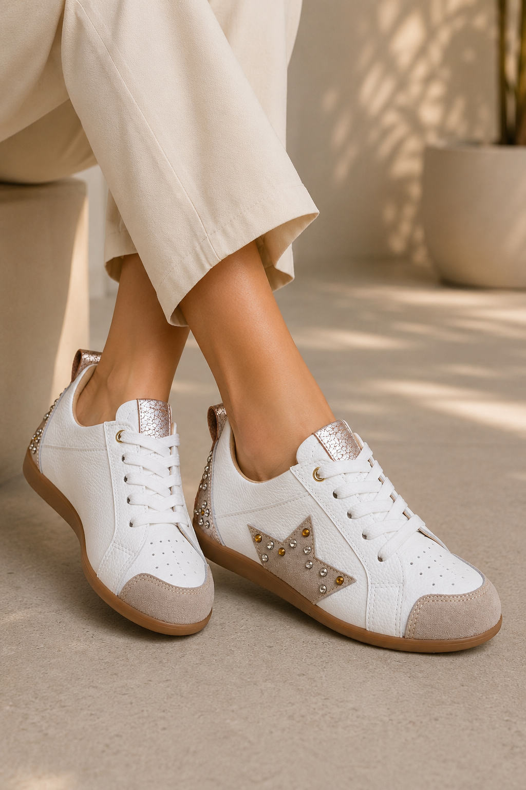 Tenis Casual para Mujer en Cuero Blanco con Detalle de Estrella