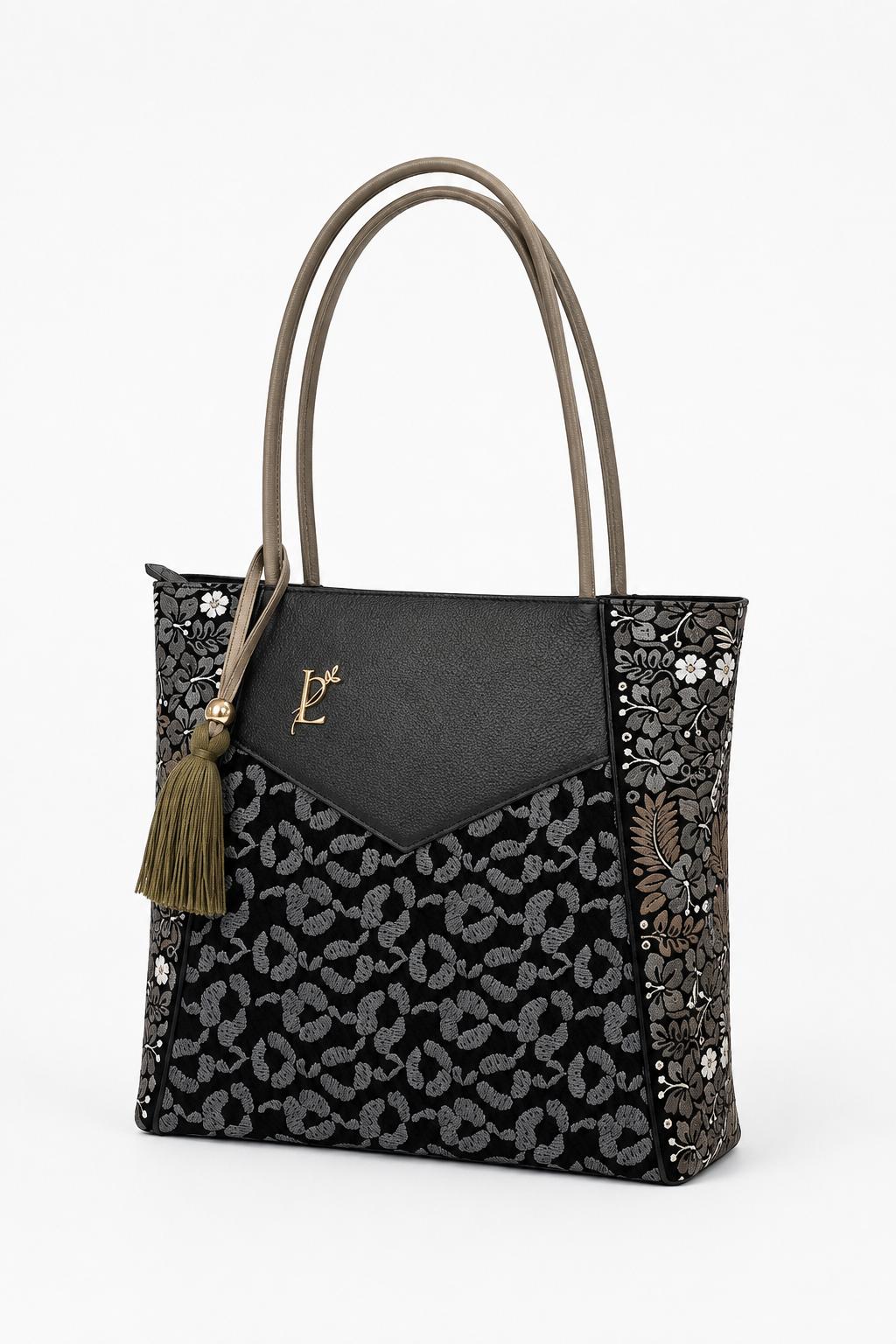Bolso  en cuero con tejido exclusivo – Negro/Gris