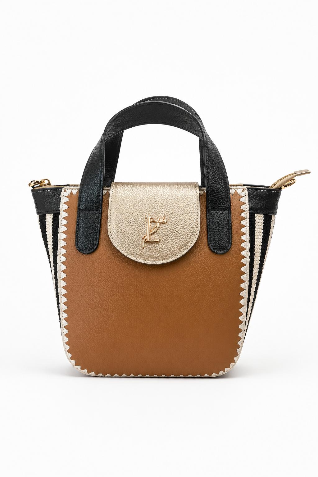 Bolso  en cuero tejido – Miel/Negro