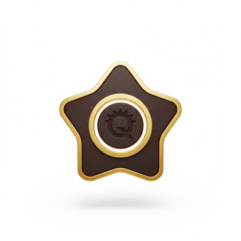 Icono 3D minimalista de un sello de calidad o una estrella estilizada hecha de cuero genuino con bordes dorados. Diseño sofisticado y simple, sobre fondo blanco puro. Iluminación suave que resalta la textura del cuero y el brillo del metal. Símbolo de excelencia y lujo. Tonalidades: cuero oscuro, oro y blanco.