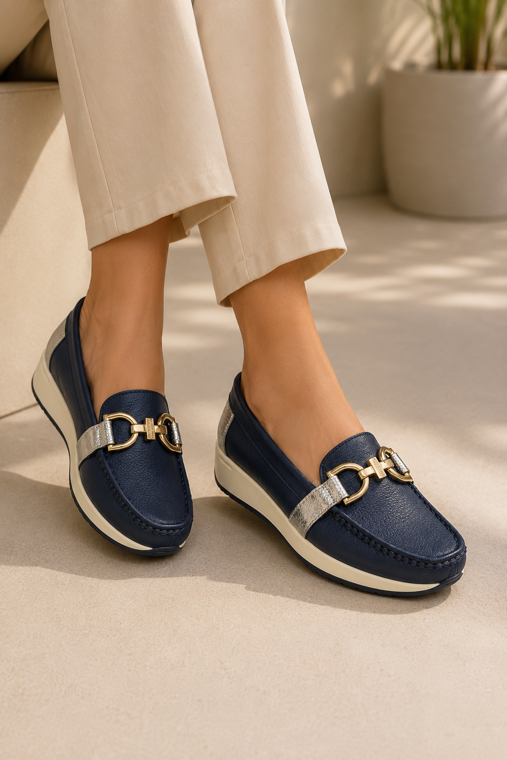 Mocasín Casual para Mujer en Cuero Azul con Herraje Dorado