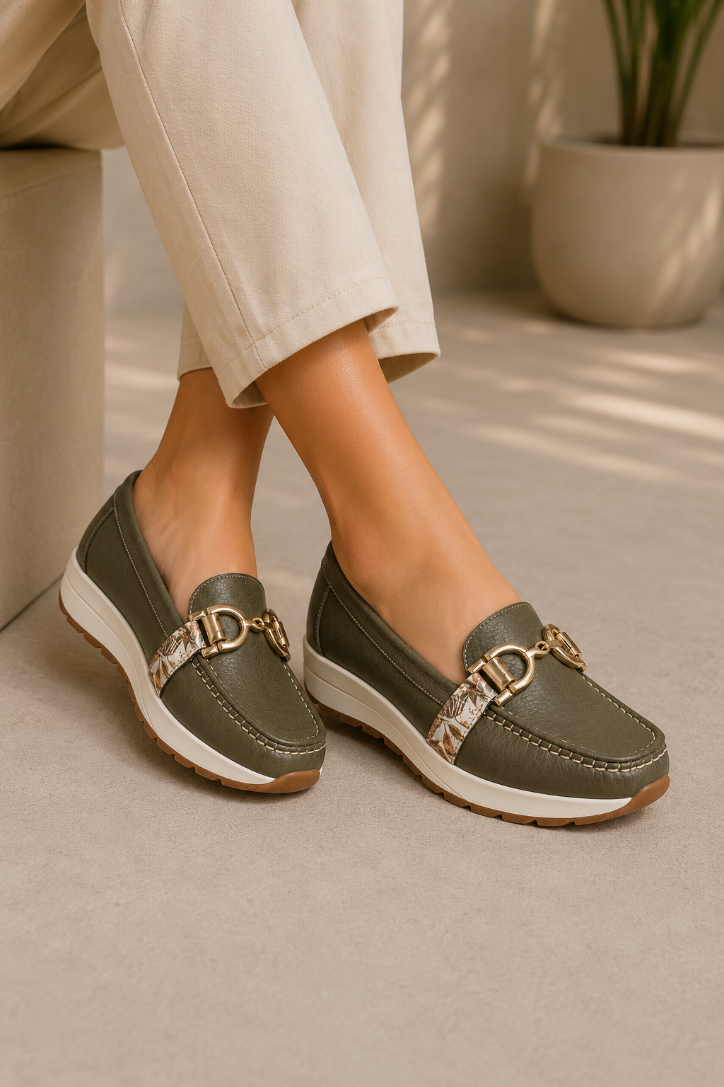 Mocasín Casual para Mujer en Cuero Verde Oliva