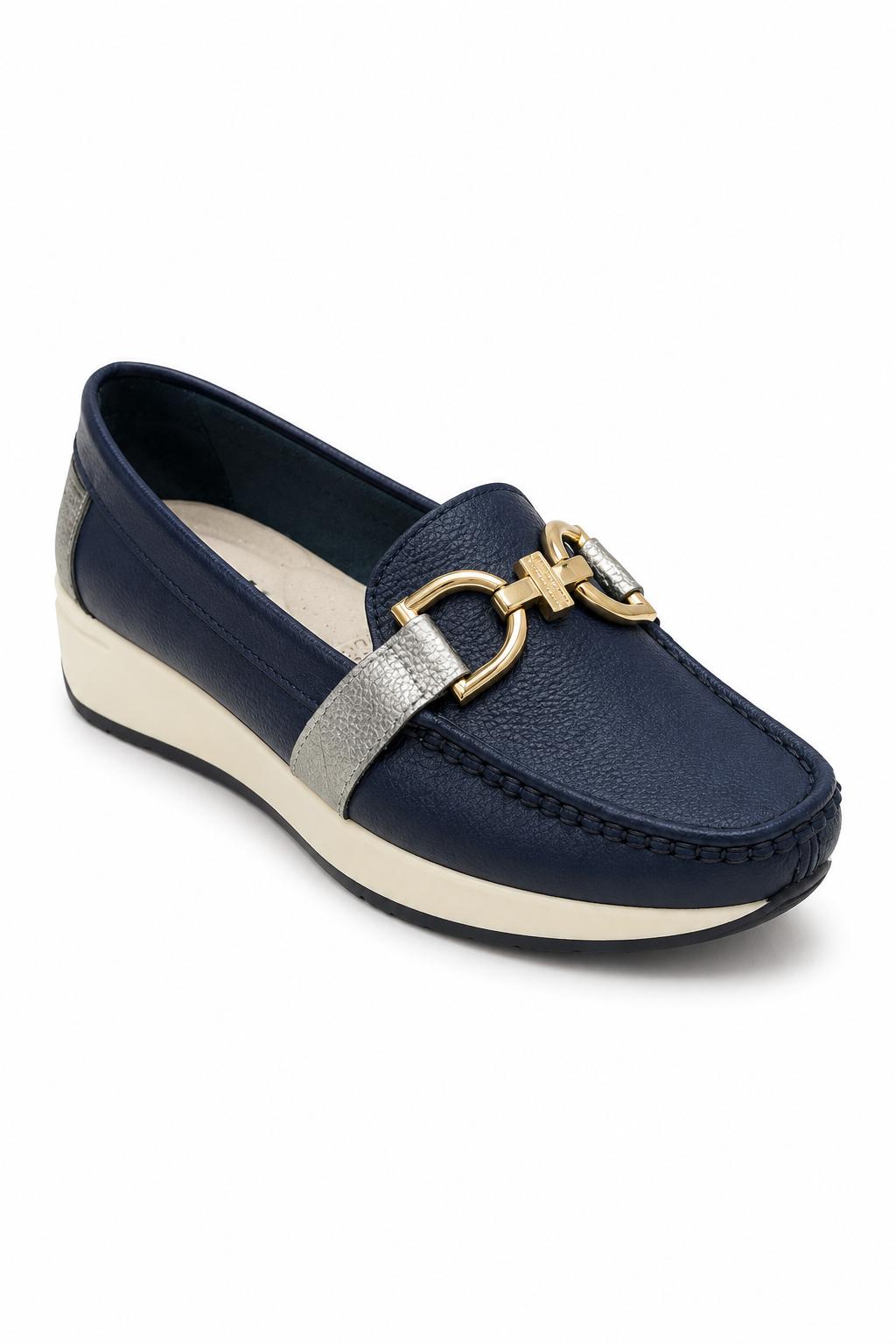 Mocasín Casual para Mujer en Cuero Azul con Herraje Dorado
