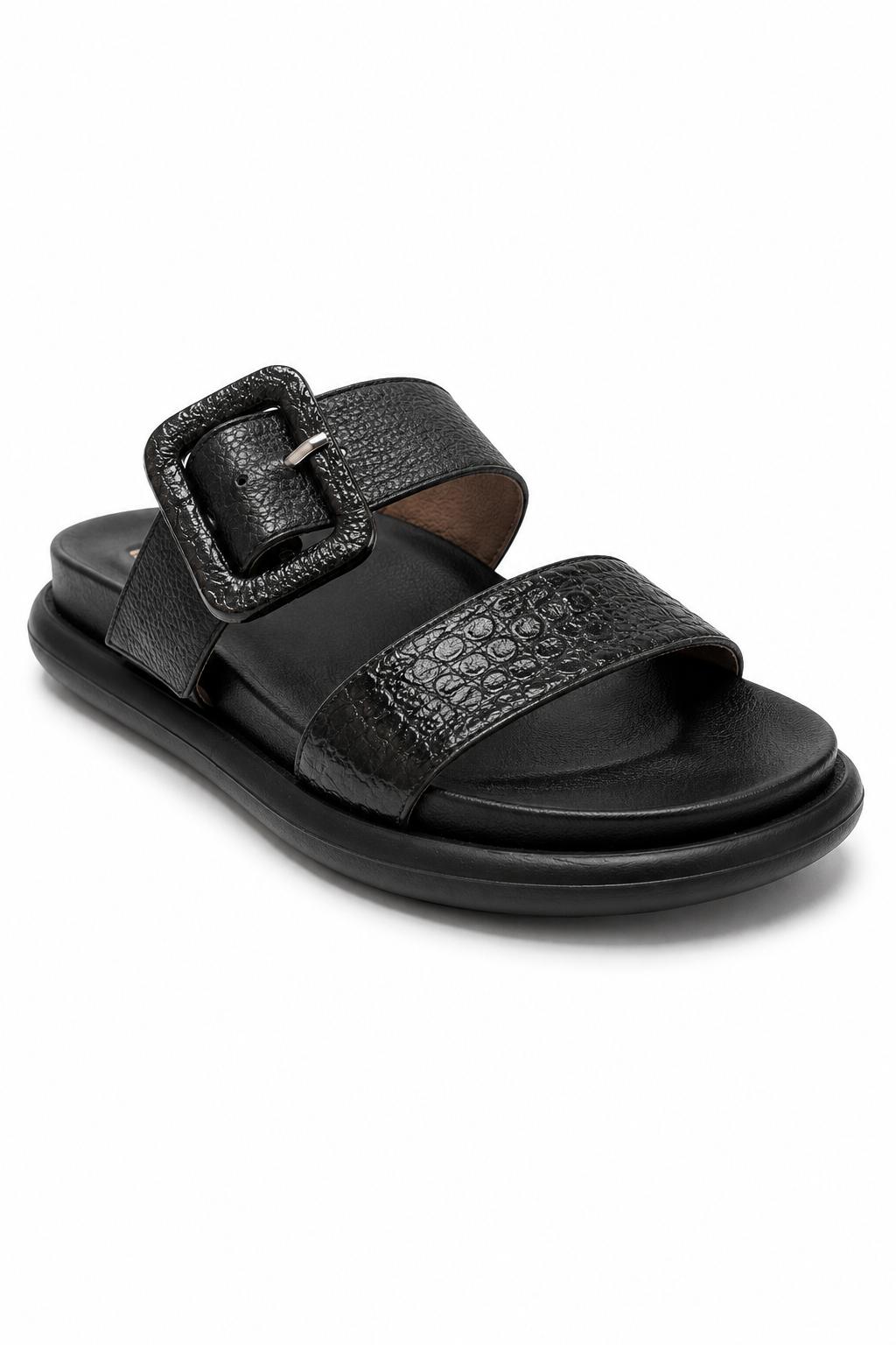 Sandalia en cuero negro con hebilla decorativa para mujer