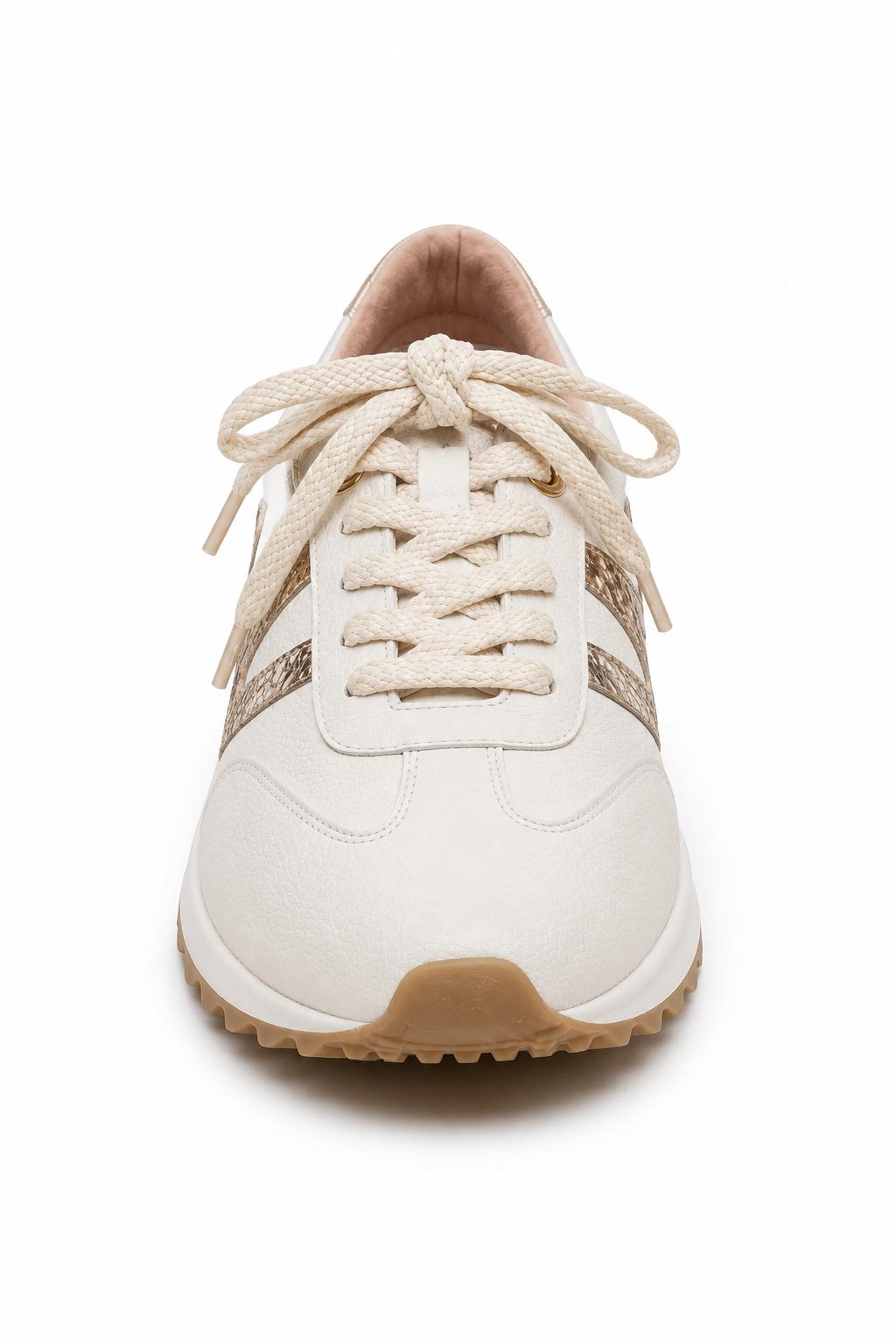Tenis en cuero beige con detalles dorados para mujer vista frontal