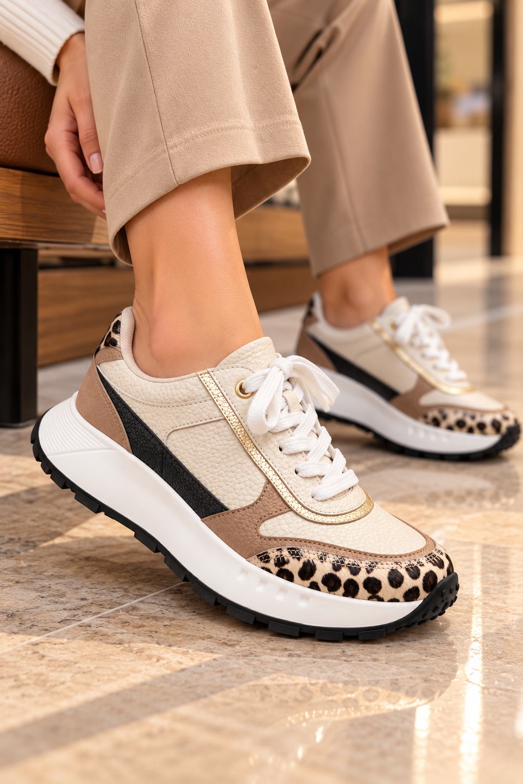 detalle del tenis en cuero beige con animal print para mujer