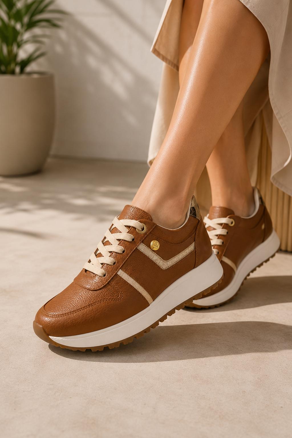 tenis en cuero miel para mujer