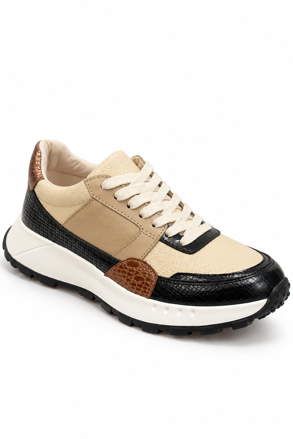 tenis en cuero negro con beige para mujer