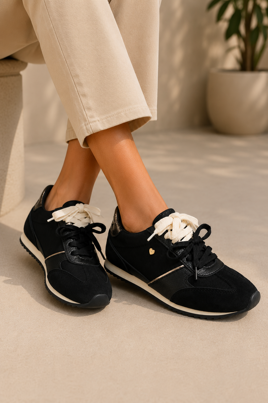 Tenis en Cuero Negro con Cordones Bicolor