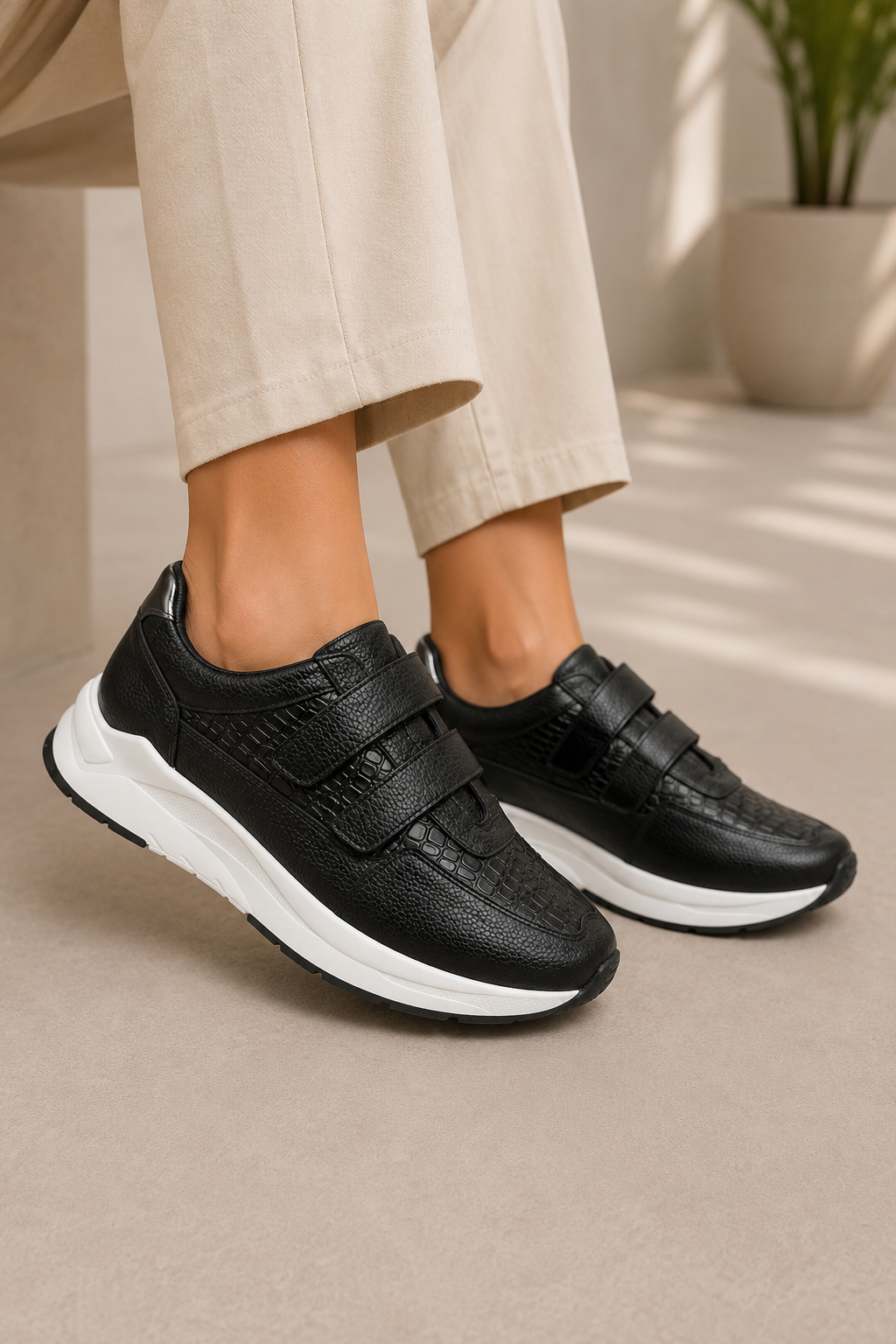 Tenis Casual para Mujer en Cuero Negro con Cierre de Velcro