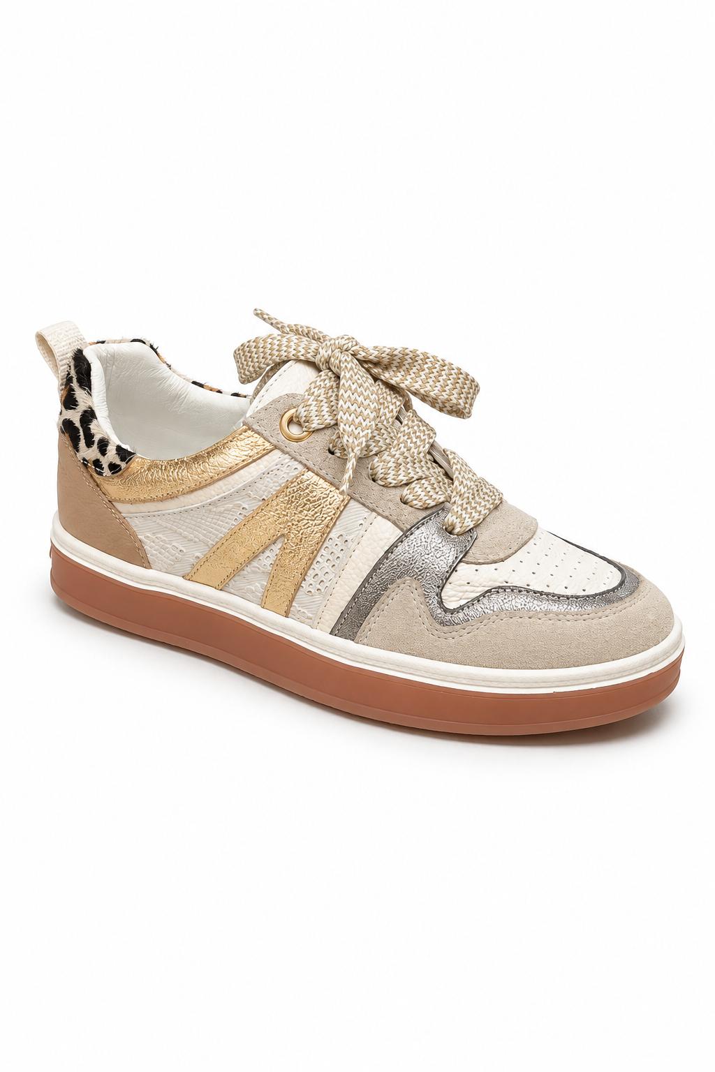 Tenis en Cuero Multitono Beige con Detalles Metalizados