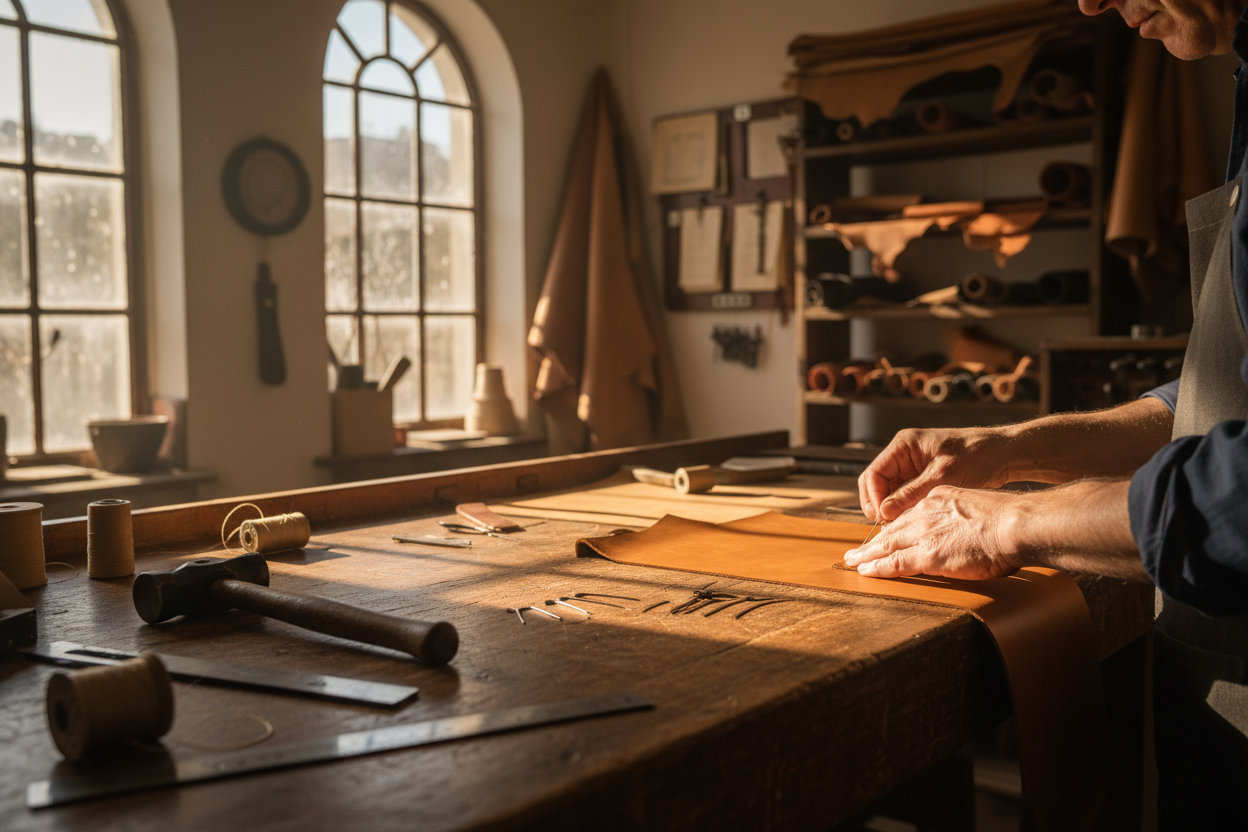 Una fotografía fotorrealista y cinematográfica de un taller de marroquinería clásico y elegante de los años 90. Primer plano detallado de unas manos artesanas trabajando con cuidado una pieza de cuero genuino color miel sobre una mesa de madera robusta y envejecida. Iluminación cálida y suave que entra por una ventana lateral, creando una atmósfera nostálgica y de alta calidad. En la mesa hay herramientas tradicionales de cuero (hilos, agujas, martillo pequeño). Estilo visual: artesanal, premium, herencia, 